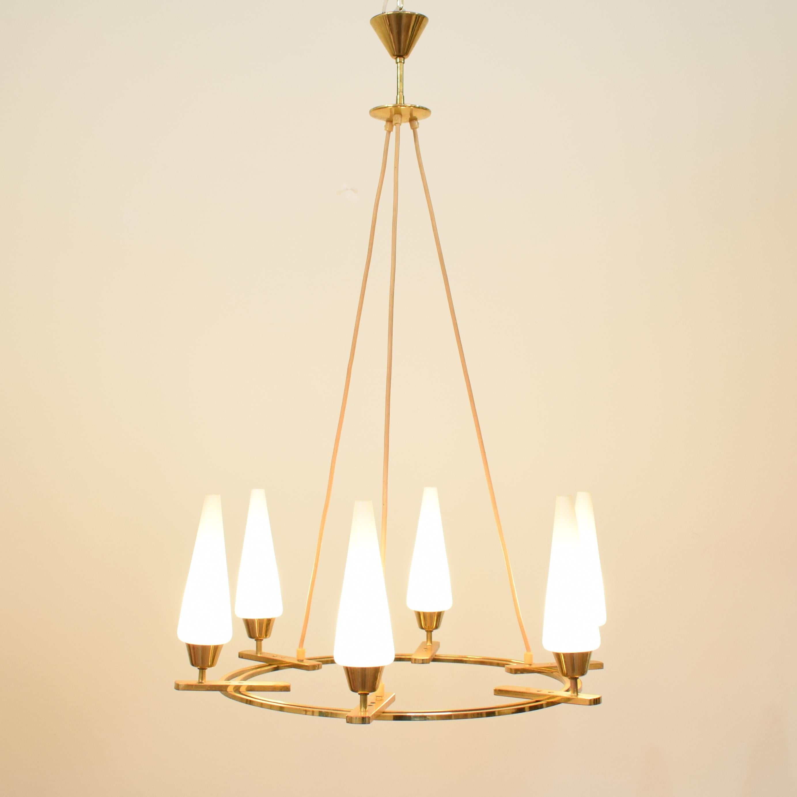 Midcentury German Brass Chandelier by Vereinigte Werkstätten München 1