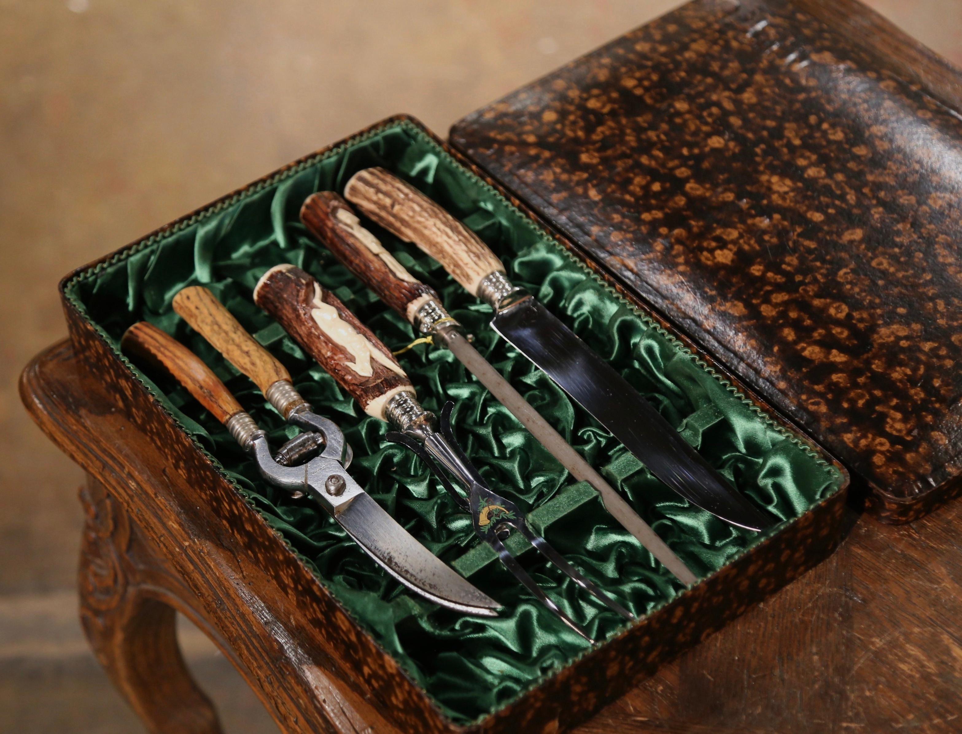 Hand-Carved Mid Century German Carved Antler Four Piece Carving Set For Sale