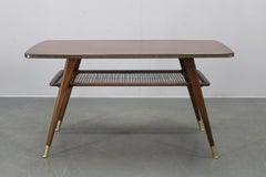 Mid Century German Coffee Table with Rattan Shelf and Brass Legs