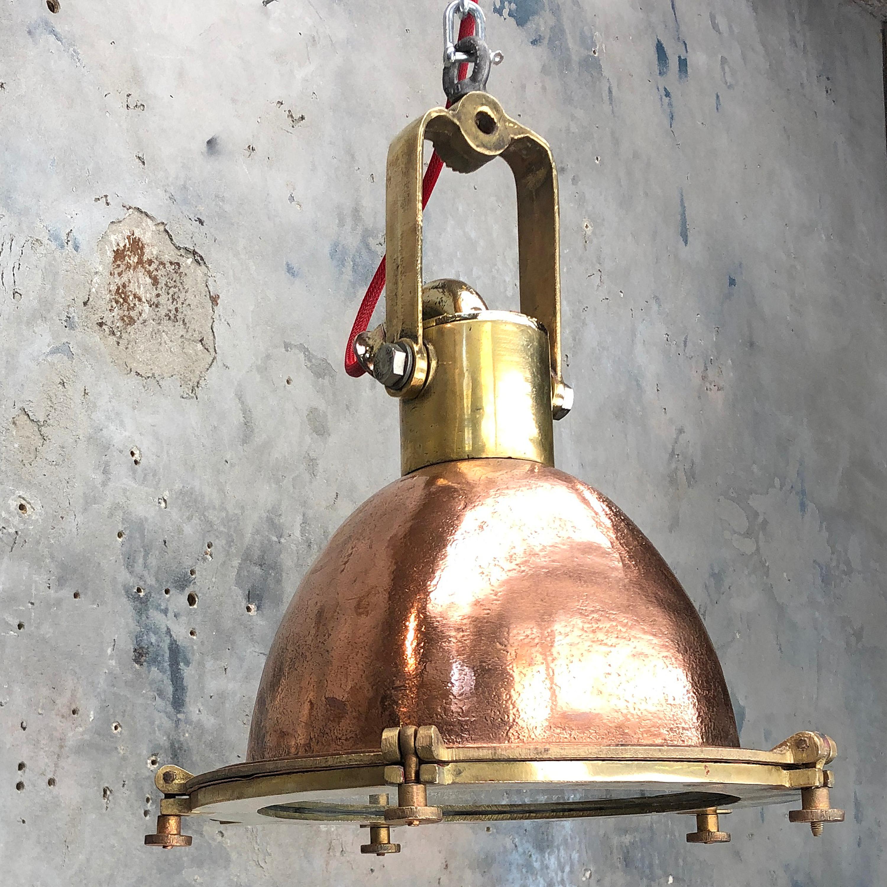Midcentury German Copper, Cast Brass and Glass Industrial Marine Pendant Light 6