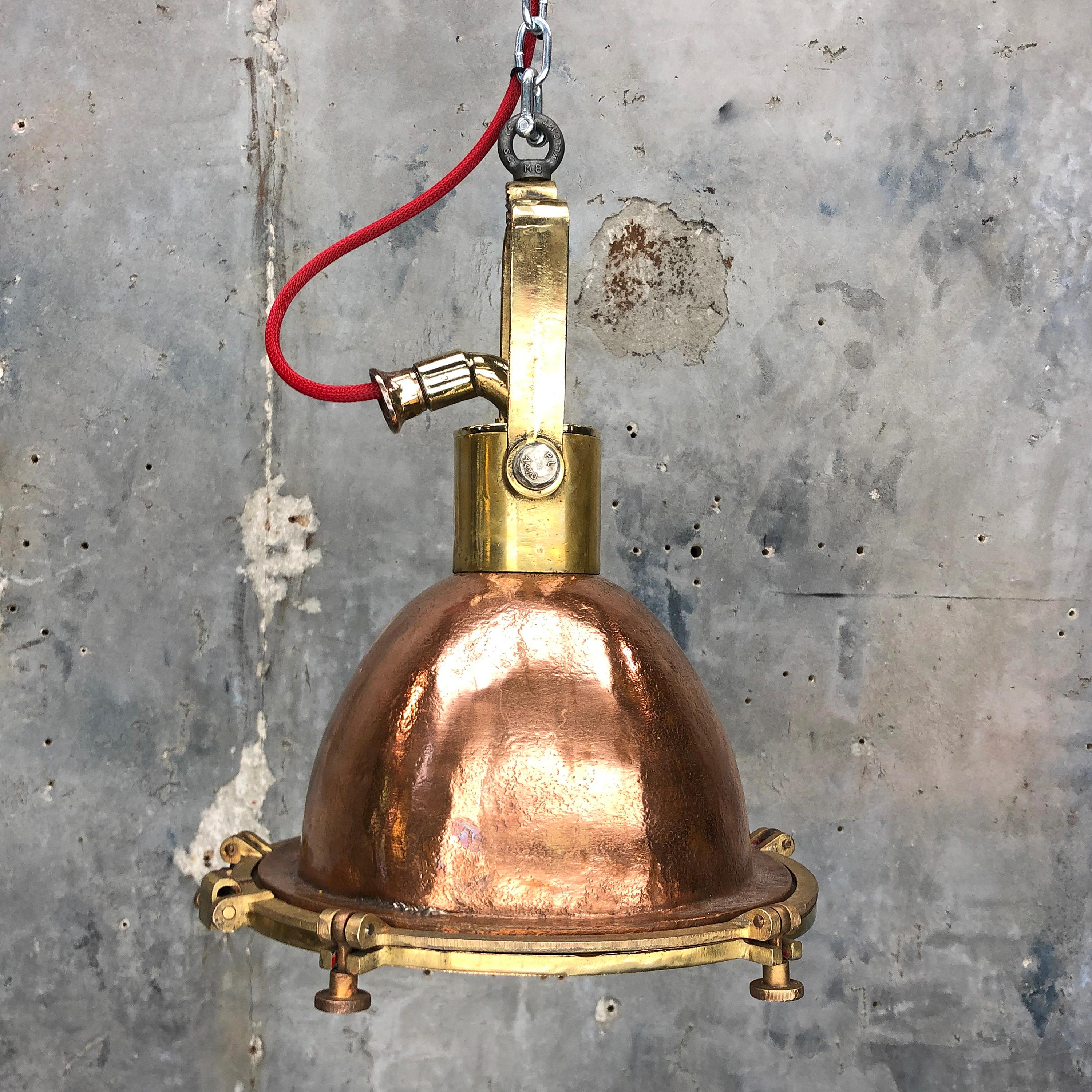 Midcentury German Copper, Cast Brass and Glass Industrial Marine Pendant Light 7