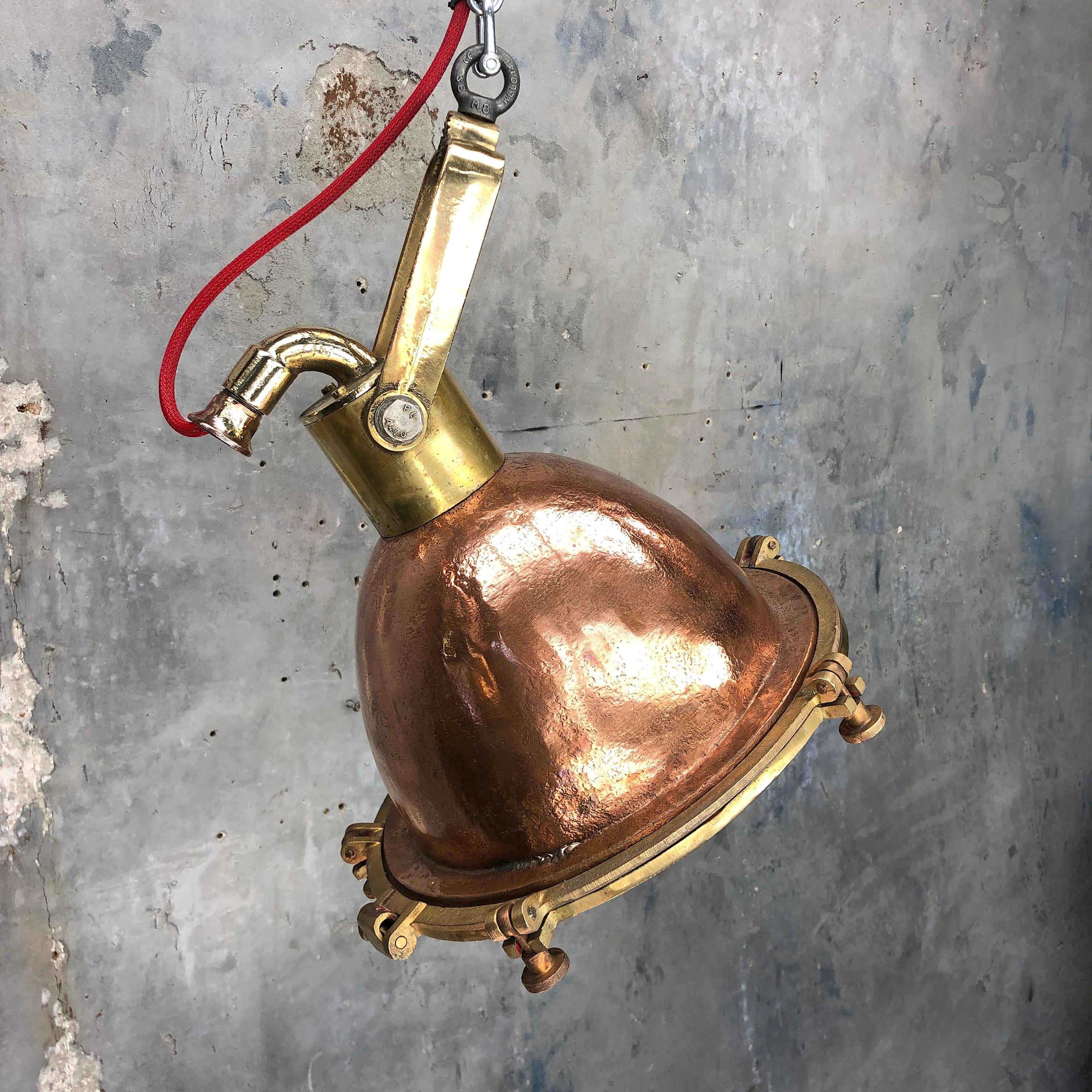 Midcentury German Copper, Cast Brass and Glass Industrial Marine Pendant Light 9