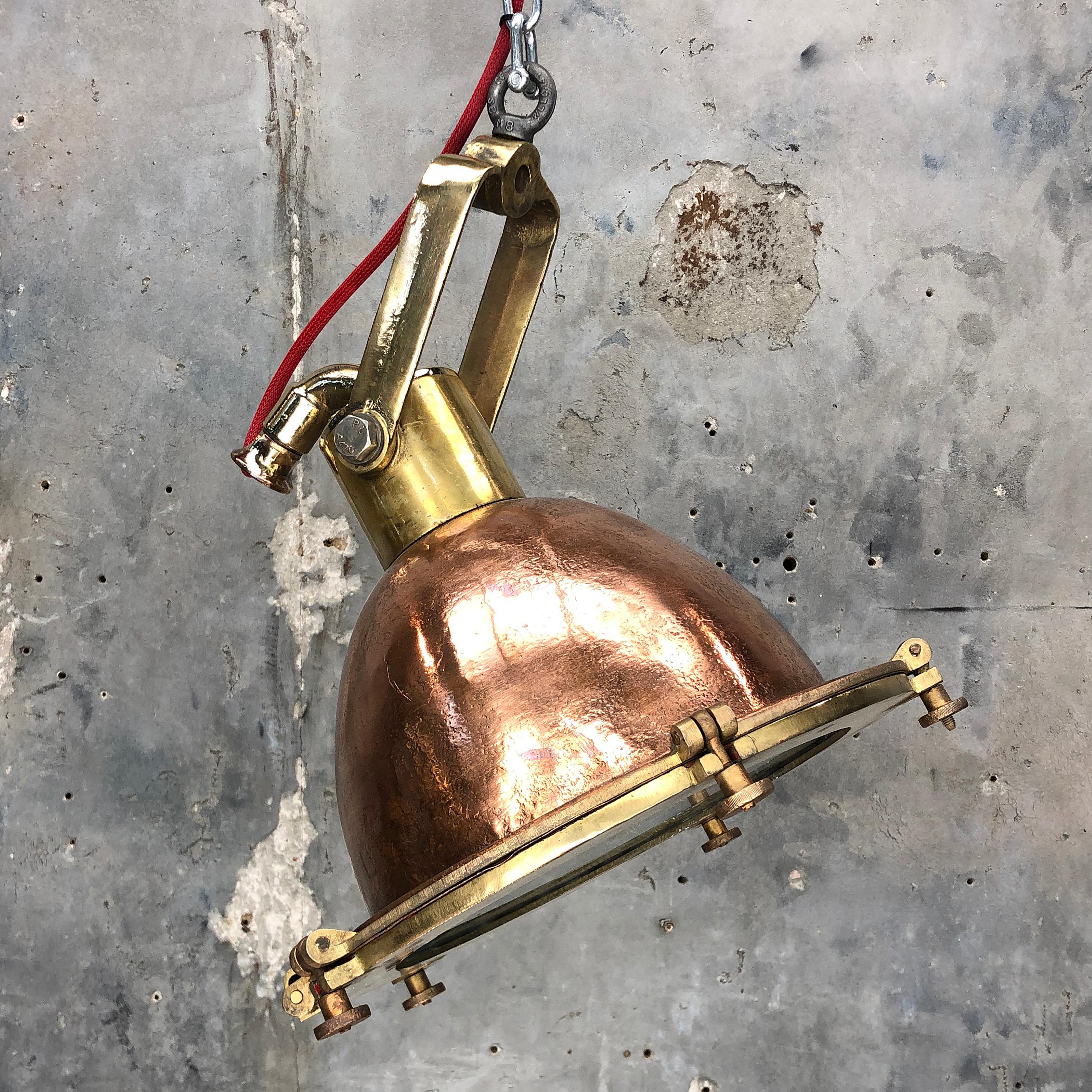 Midcentury German Copper, Cast Brass and Glass Industrial Marine Pendant Light 10