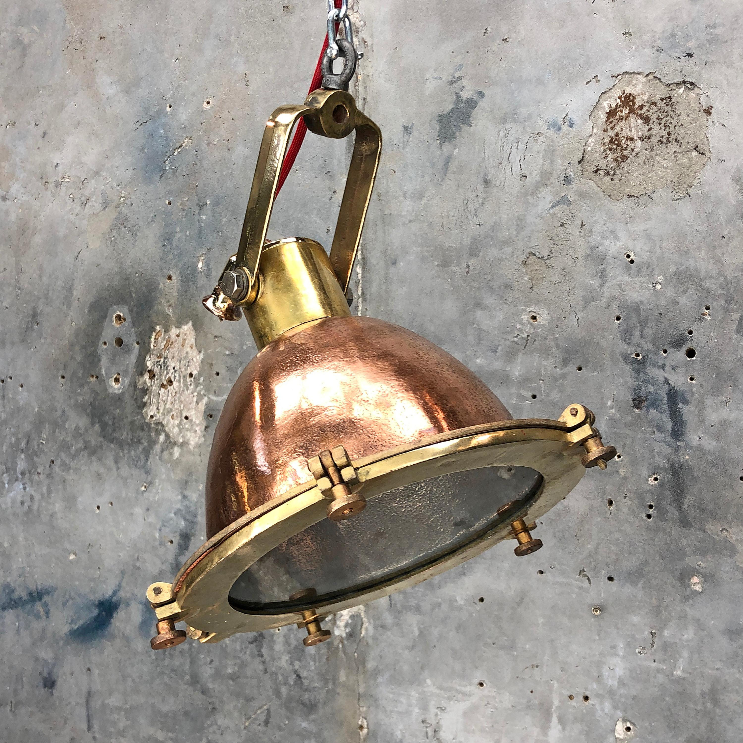 Midcentury German Copper, Cast Brass and Glass Industrial Marine Pendant Light 11