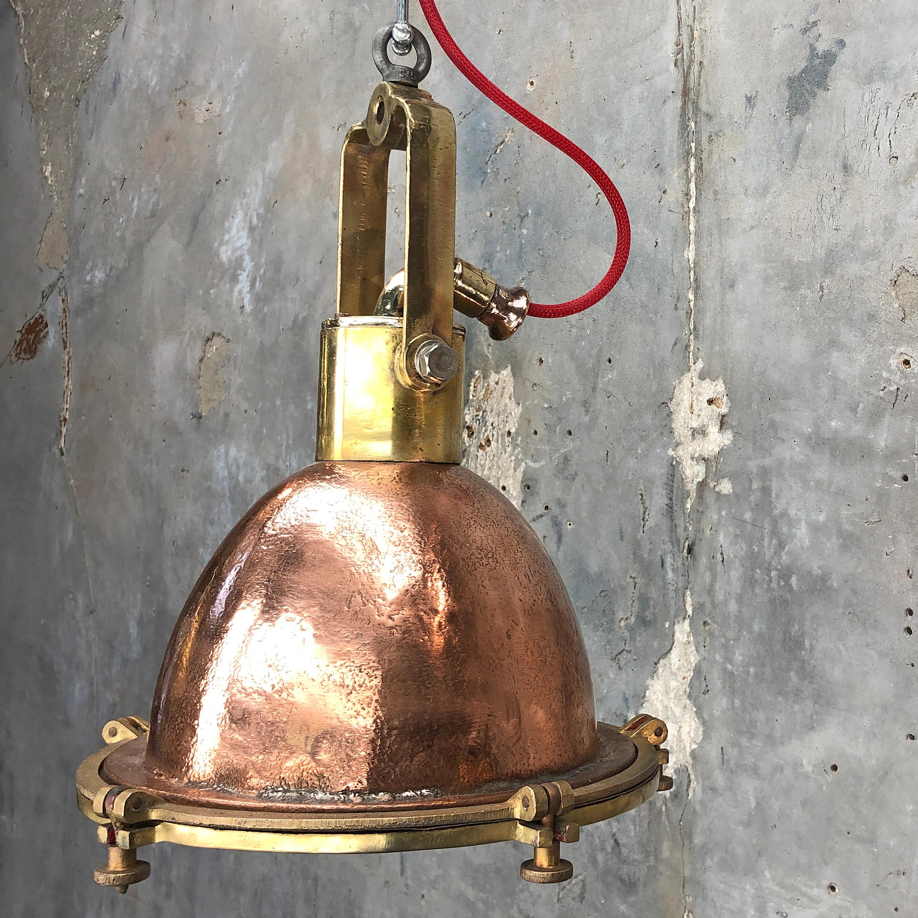 Midcentury German Copper, Cast Brass and Glass Industrial Marine Pendant Light In Good Condition In Leicester, Leicestershire