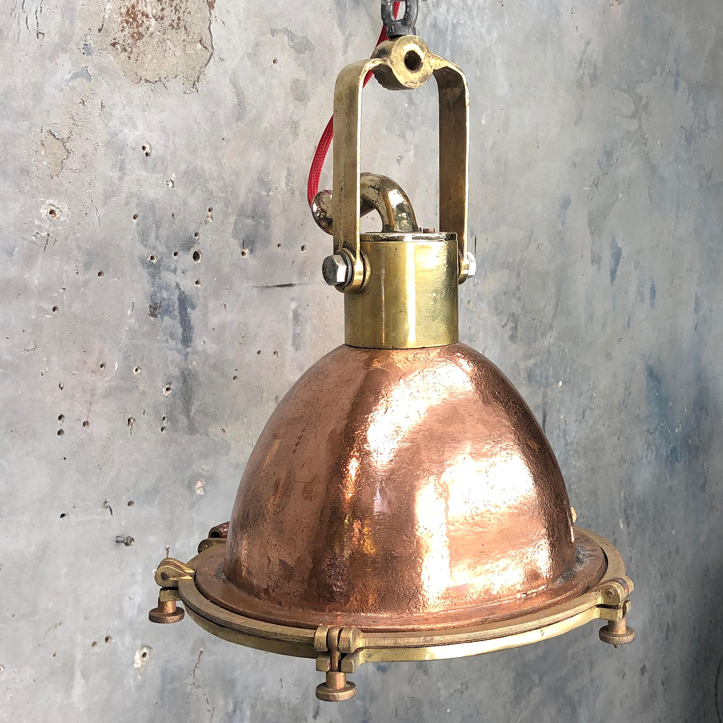 Mid-20th Century Midcentury German Copper, Cast Brass and Glass Industrial Marine Pendant Light