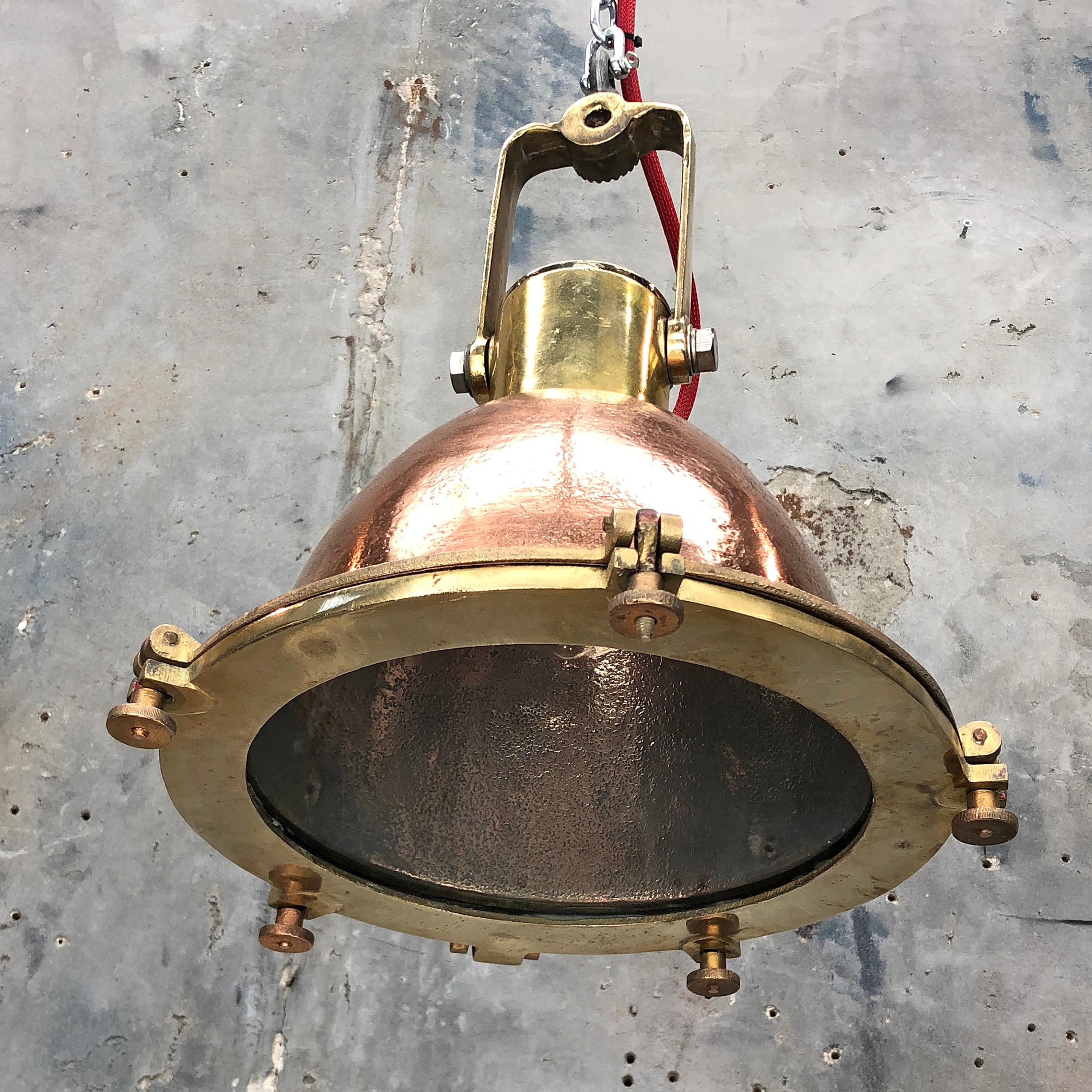 Midcentury German Copper, Cast Brass and Glass Industrial Marine Pendant Light 1