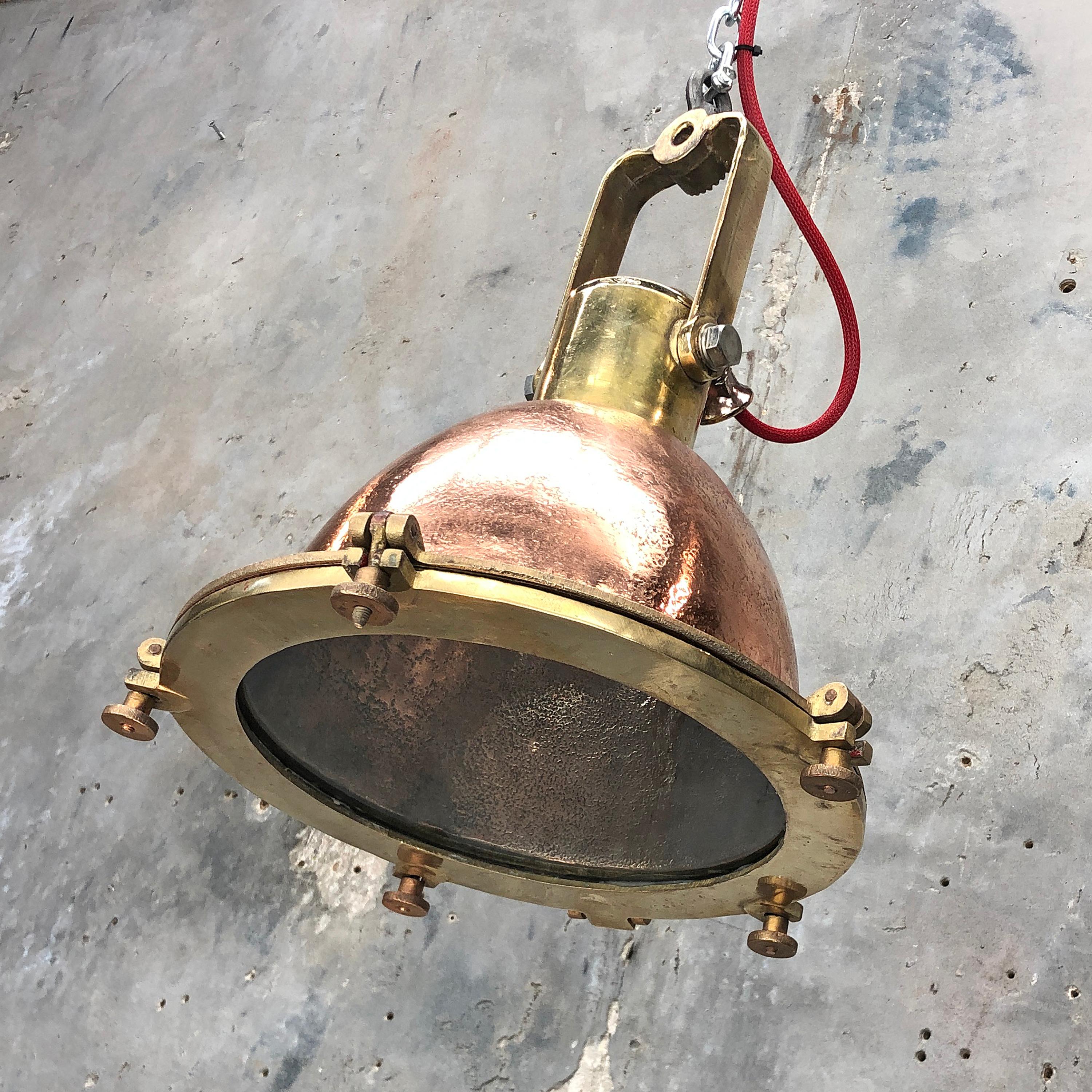 Midcentury German Copper, Cast Brass and Glass Industrial Marine Pendant Light 2