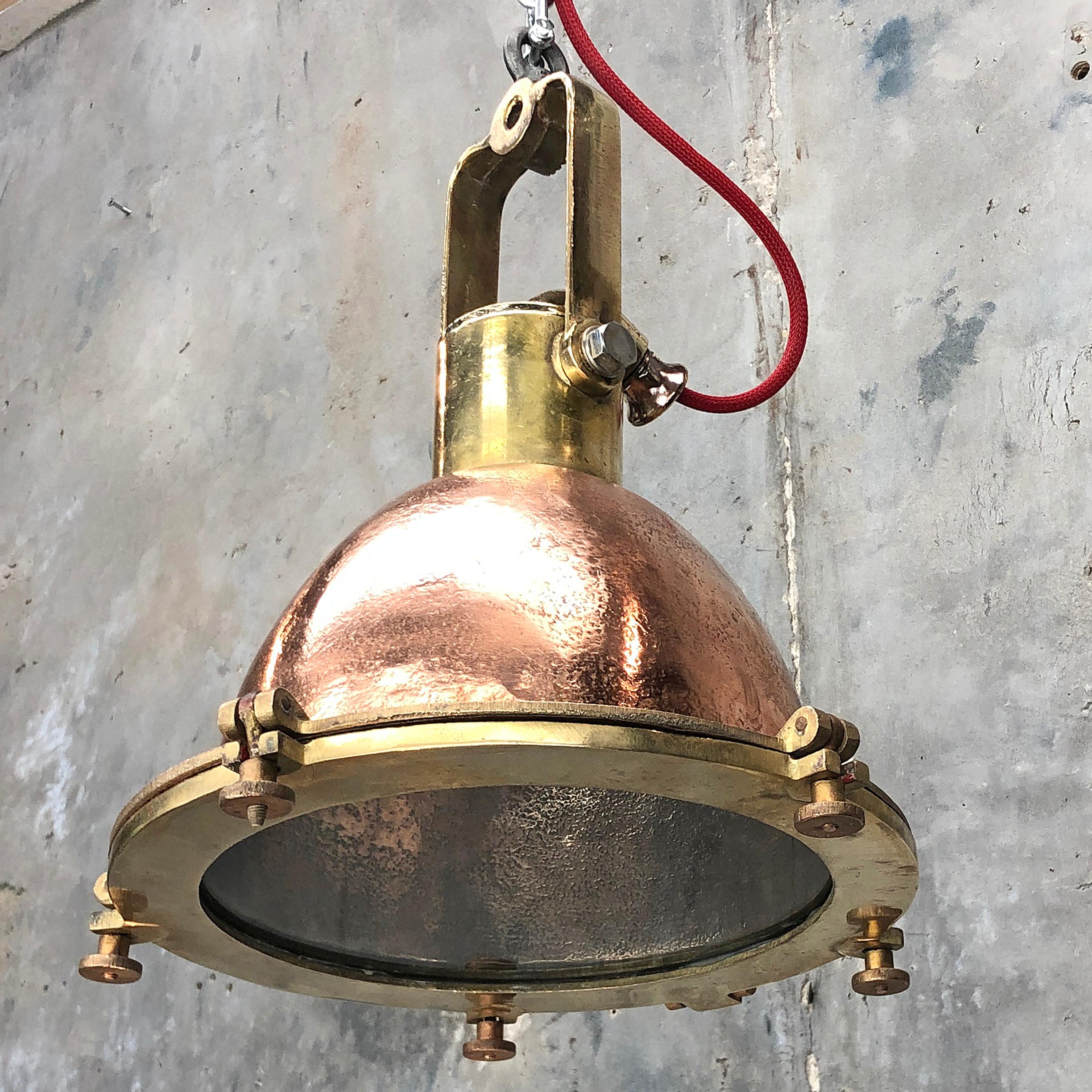 Midcentury German Copper, Cast Brass and Glass Industrial Marine Pendant Light 3