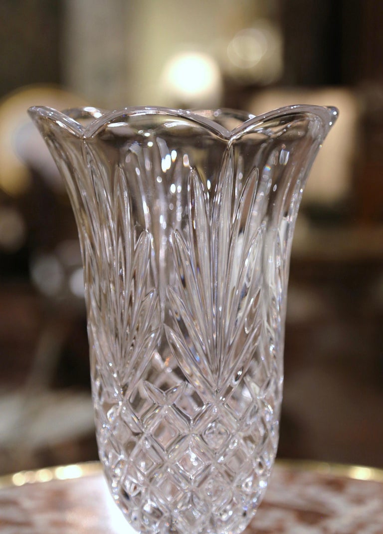 Neoclassical Mid-Century German Crystal Noritake Vase with Etched Geometric and Leaf Motifs For Sale