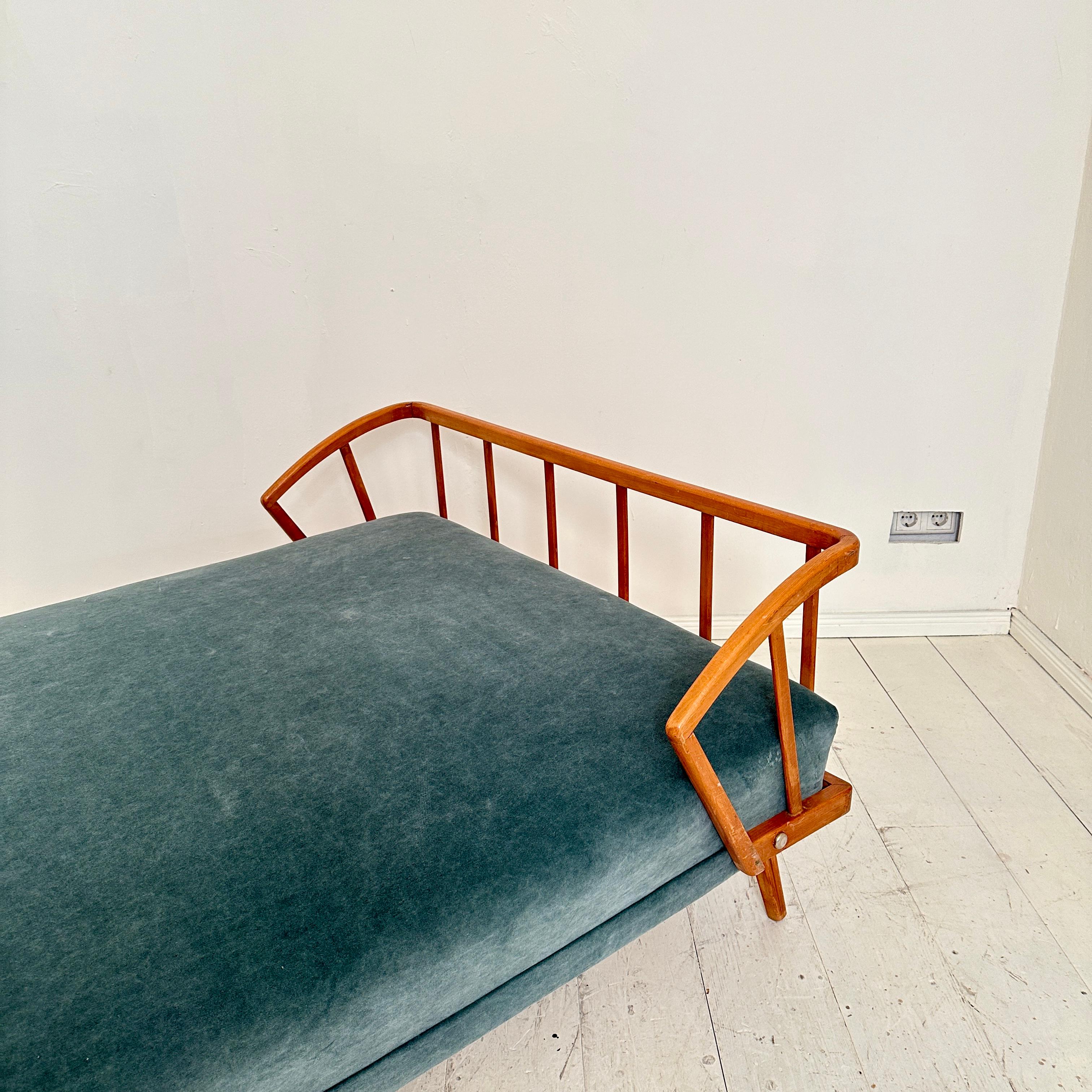 Upholstery Mid Century German Daybed / Bed in Beech and Petrol Colored Velvet, 1950