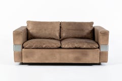 Mid Century German Distressed Brown Leather Loveseat Sofa