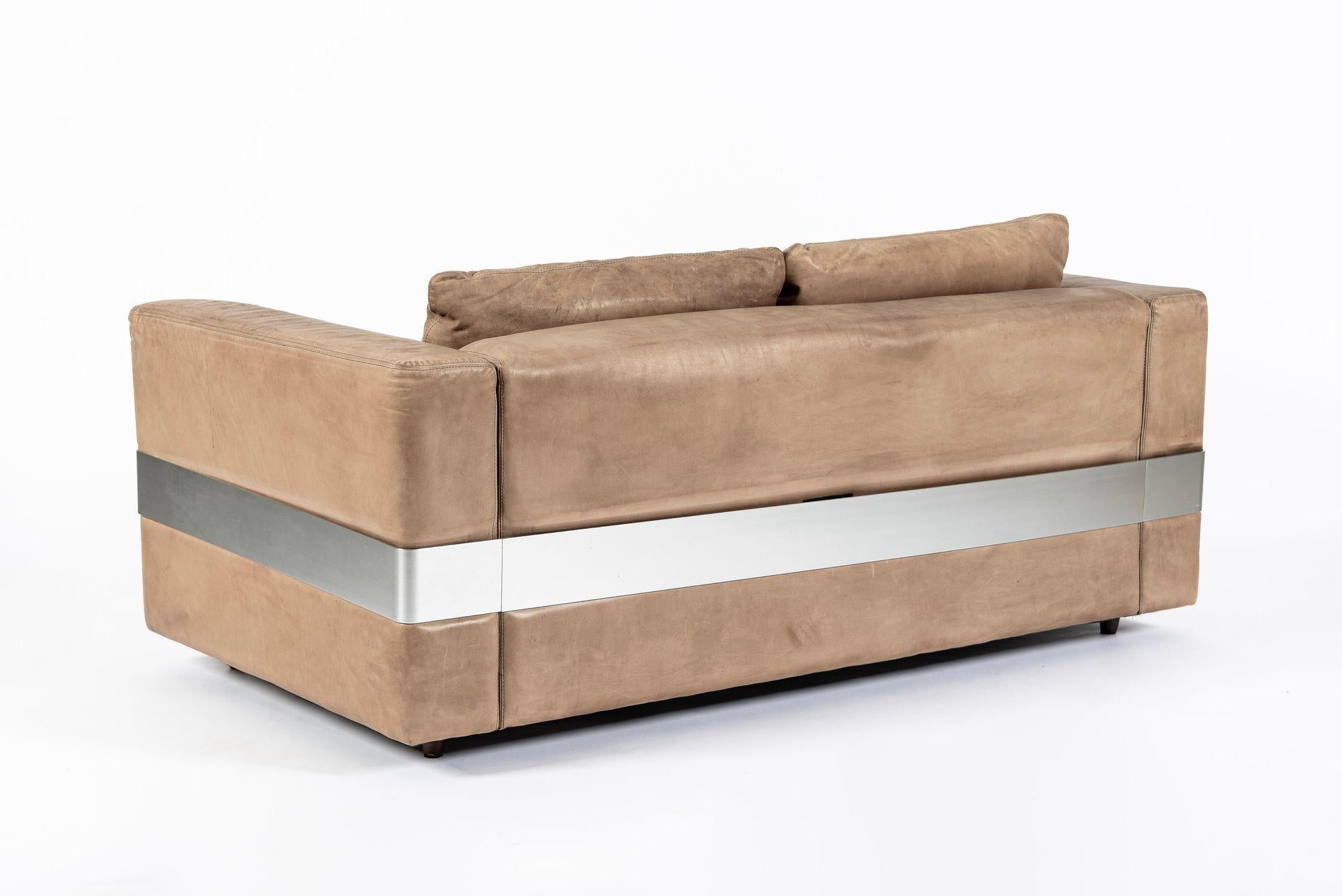 Tedesco Divano a due piazze in pelle marrone invecchiata della Germania di metà secolo in vendita