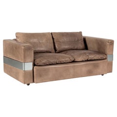 Mid Century German Distressed Brown Leather Sofa, Style of Robert Haussmann