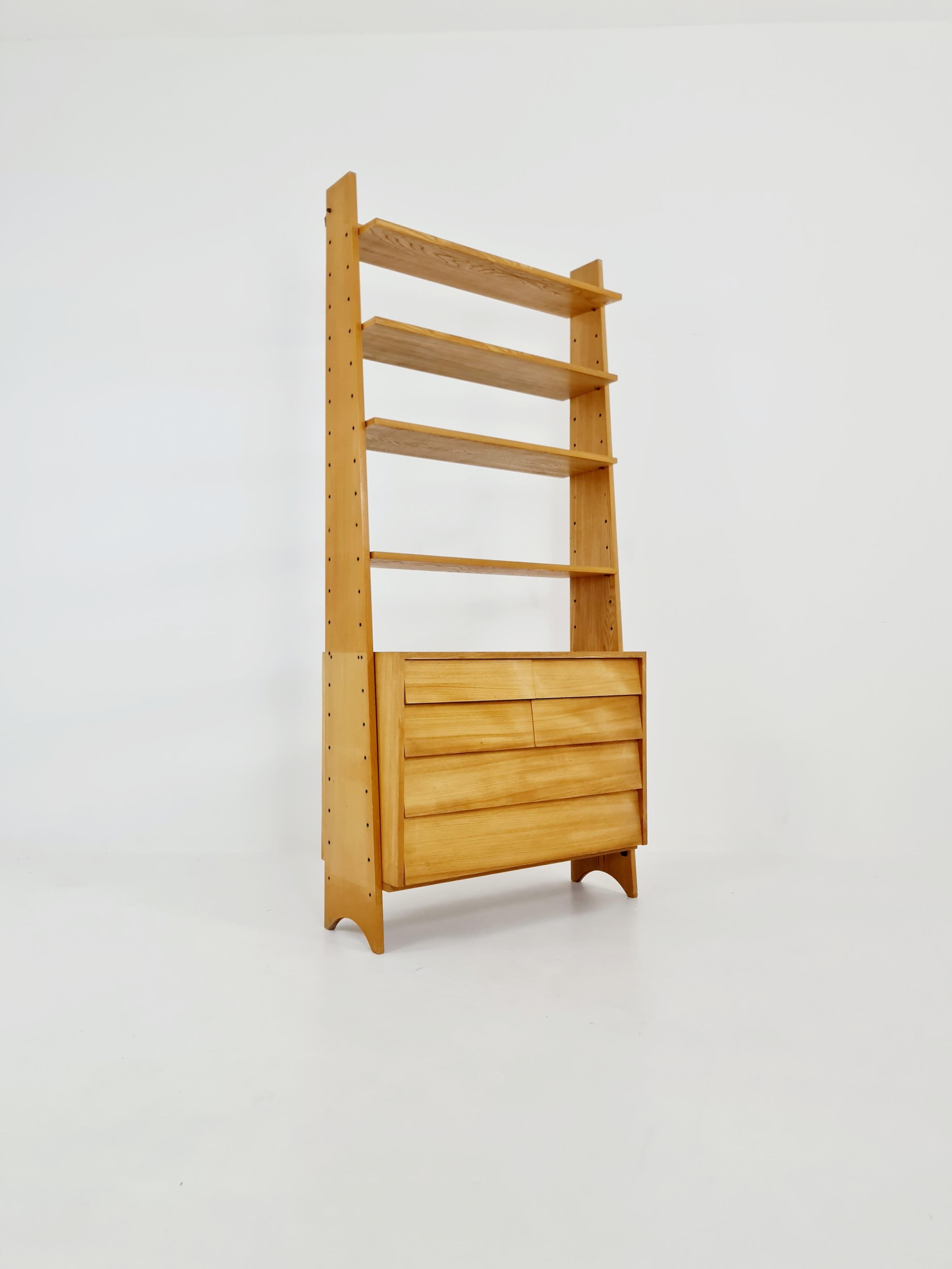 Wood Mid-Century German freestanding vintage library bookcase shelf Cheast of drawers For Sale