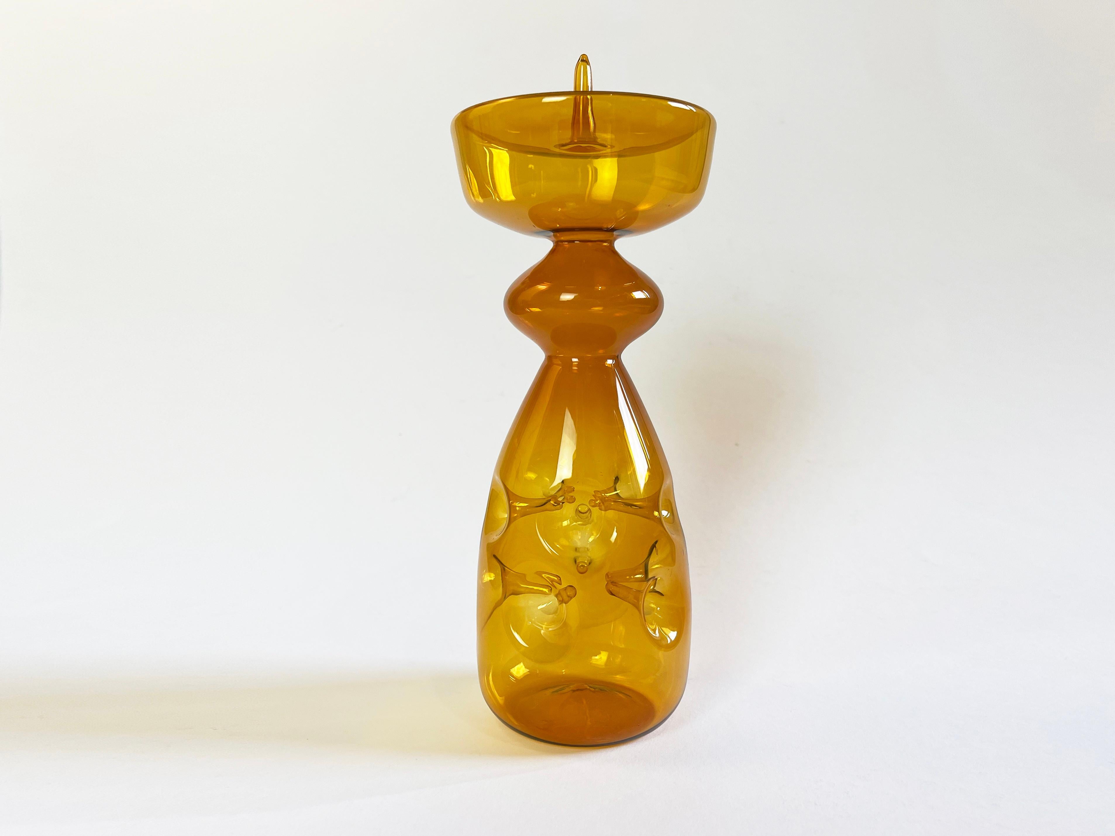 Mid-Century Modern Mid-Century German GDR Amber Art Glass Candlestick 'Grenade' by Albin Schaedel  For Sale