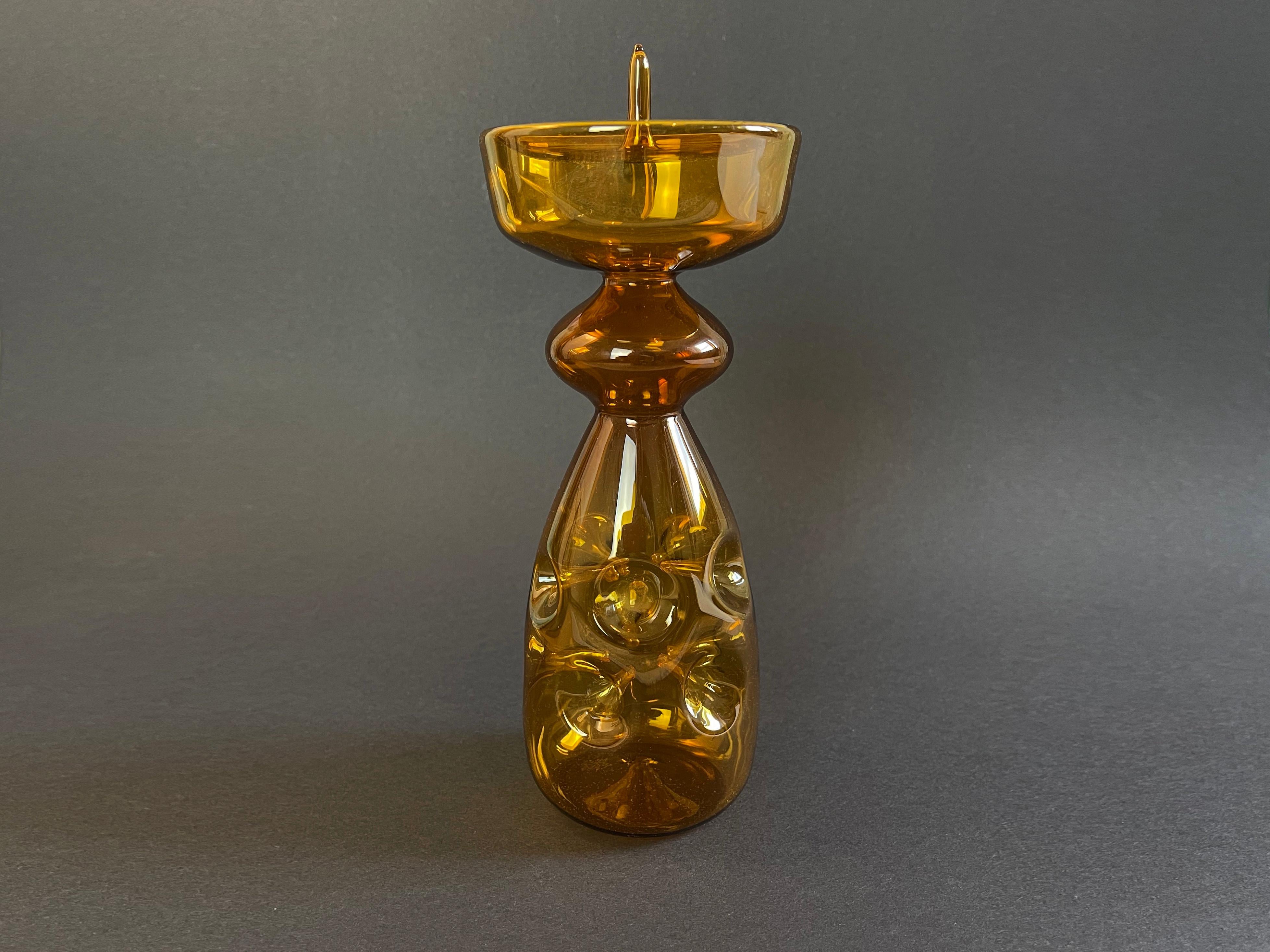 19th Century Mid-Century German GDR Amber Art Glass Candlestick 'Grenade' by Albin Schaedel  For Sale