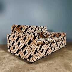 Mid Century German Geometric Black Gold Brown Velvet Two Seater Vintage