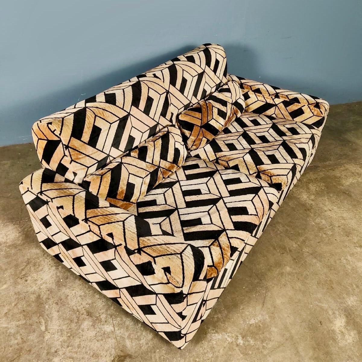 Mid-Century Modern Mid Century German Geometric Black Gold Brown Velvet Two Seater Vintage