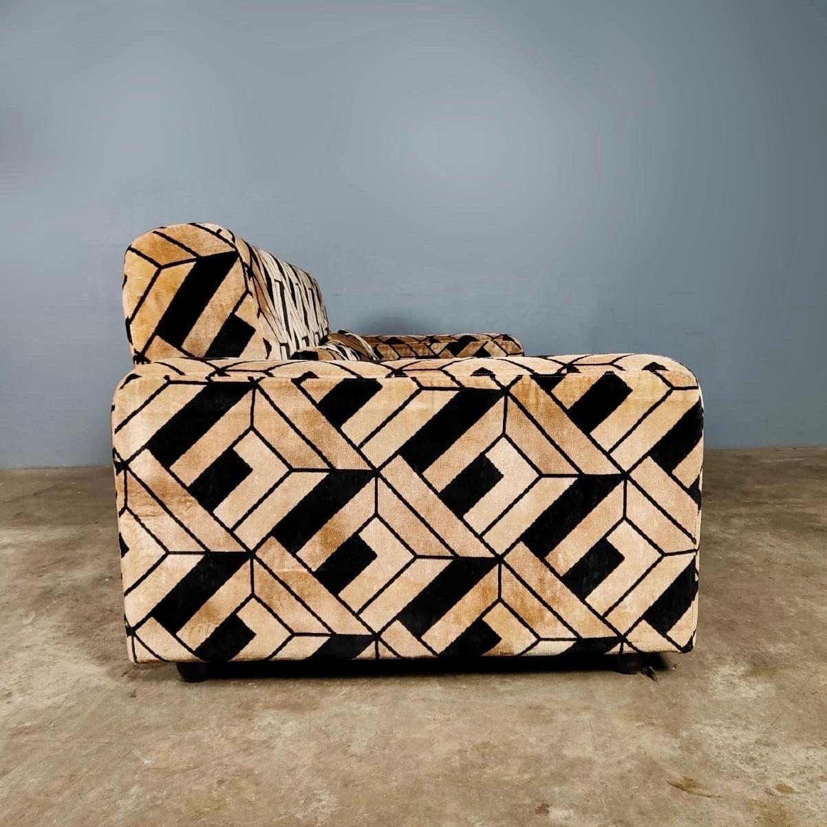 Mid Century German Geometric Black Gold Brown Velvet Two Seater Vintage In Excellent Condition In Cambridge, GB