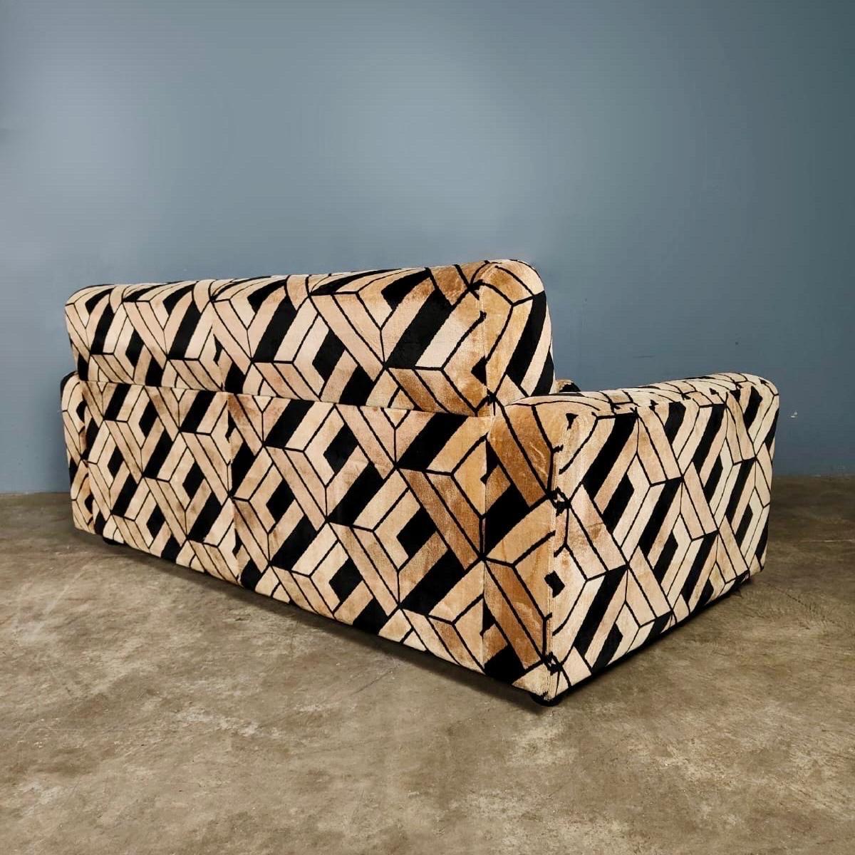 Late 20th Century Mid Century German Geometric Black Gold Brown Velvet Two Seater Vintage