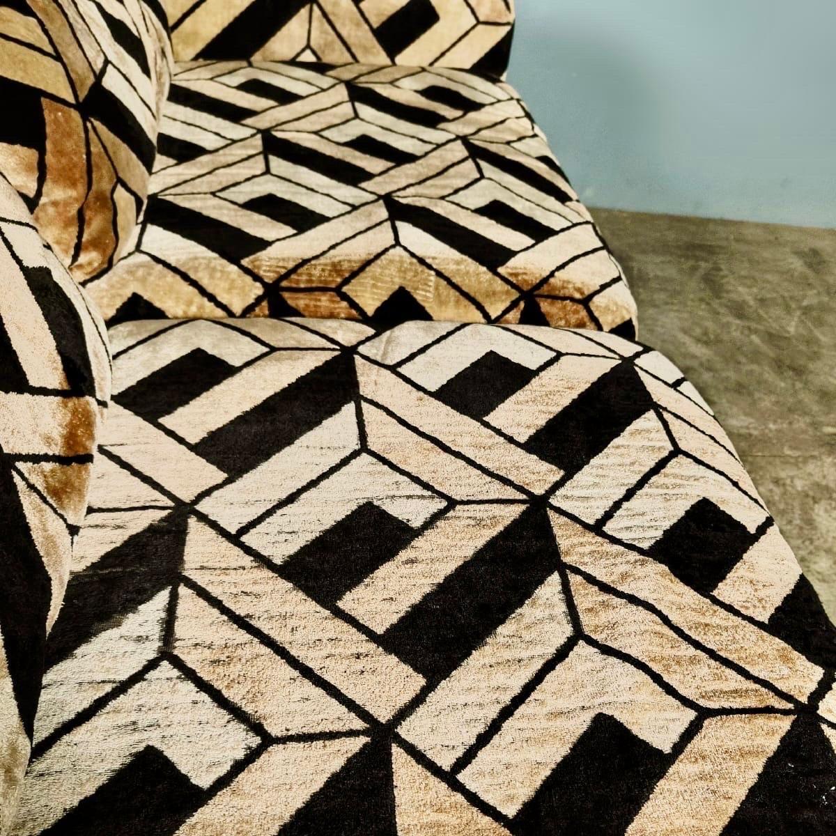 Mid Century German Geometric Black Gold Brown Velvet Two Seater Vintage 2