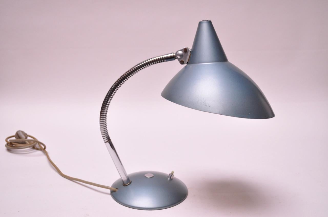 Lacquered Midcentury German Gooseneck Table Lamp in Metallic Blue by Helo Leuchten For Sale