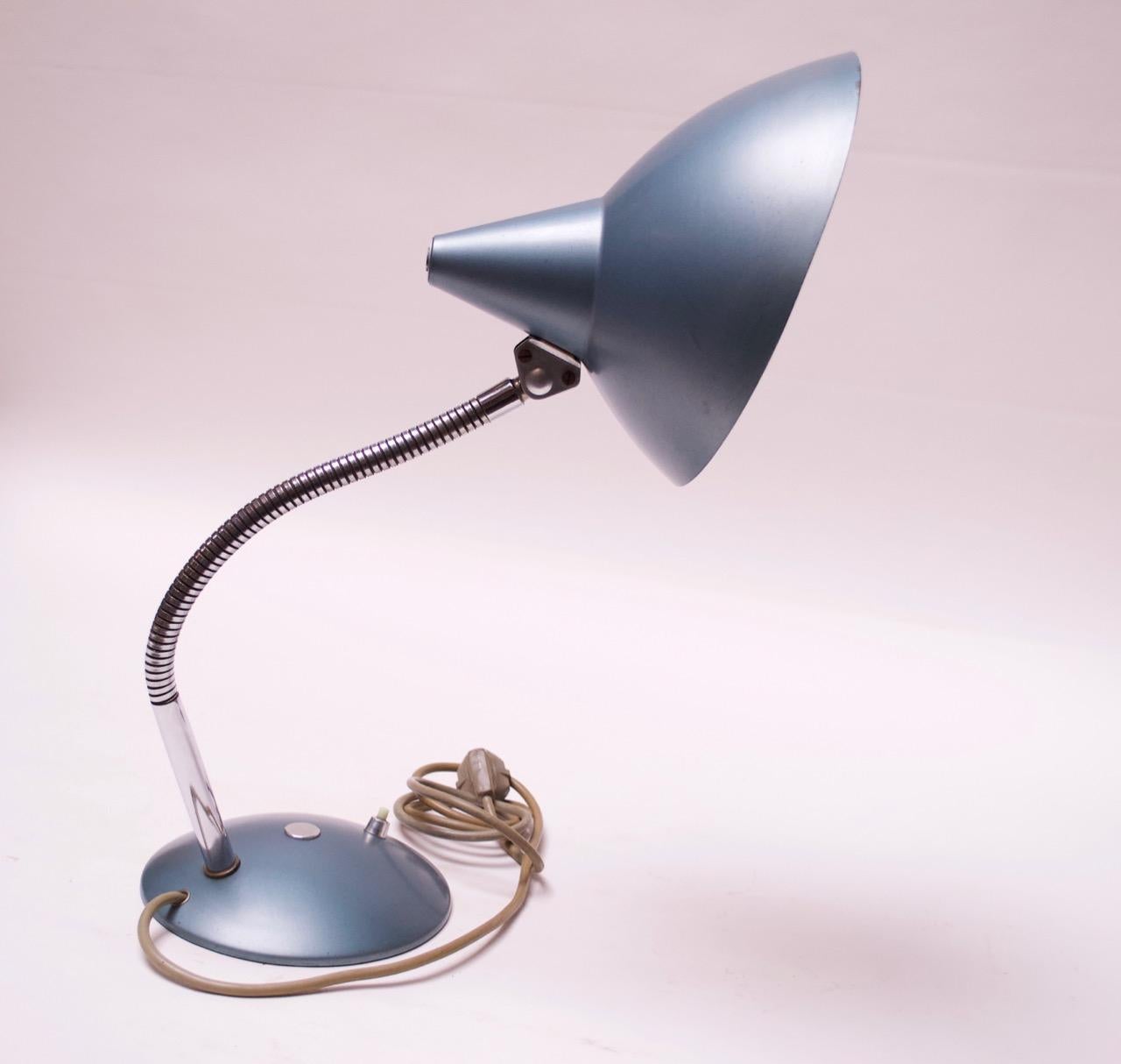 Midcentury German Gooseneck Table Lamp in Metallic Blue by Helo Leuchten In Good Condition For Sale In Brooklyn, NY