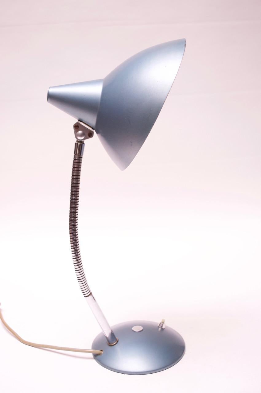 Mid-20th Century Midcentury German Gooseneck Table Lamp in Metallic Blue by Helo Leuchten For Sale