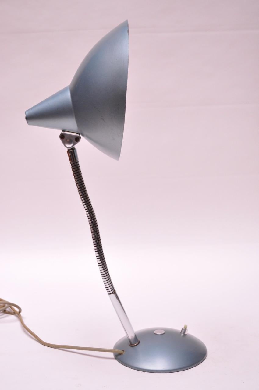 Chrome Midcentury German Gooseneck Table Lamp in Metallic Blue by Helo Leuchten For Sale
