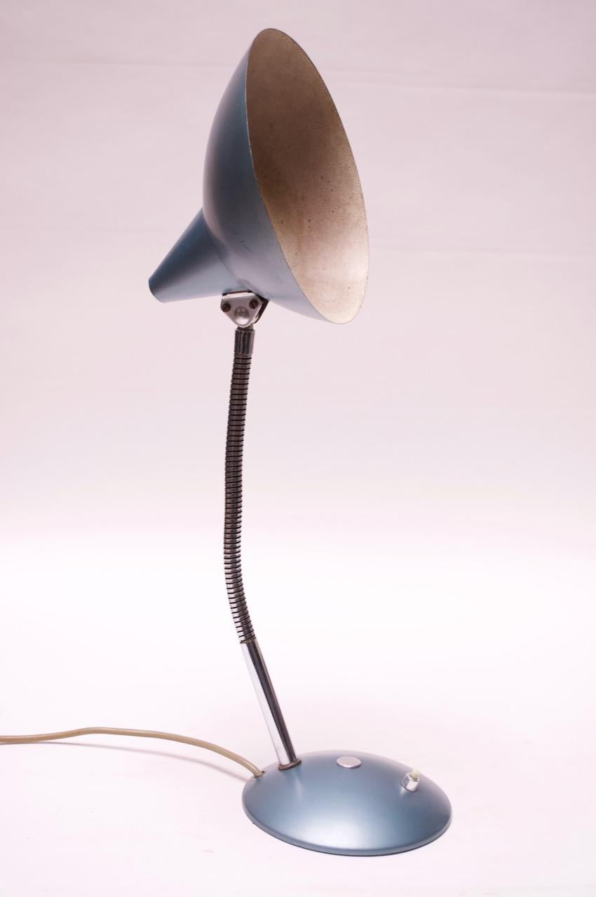 Midcentury German Gooseneck Table Lamp in Metallic Blue by Helo Leuchten For Sale 1
