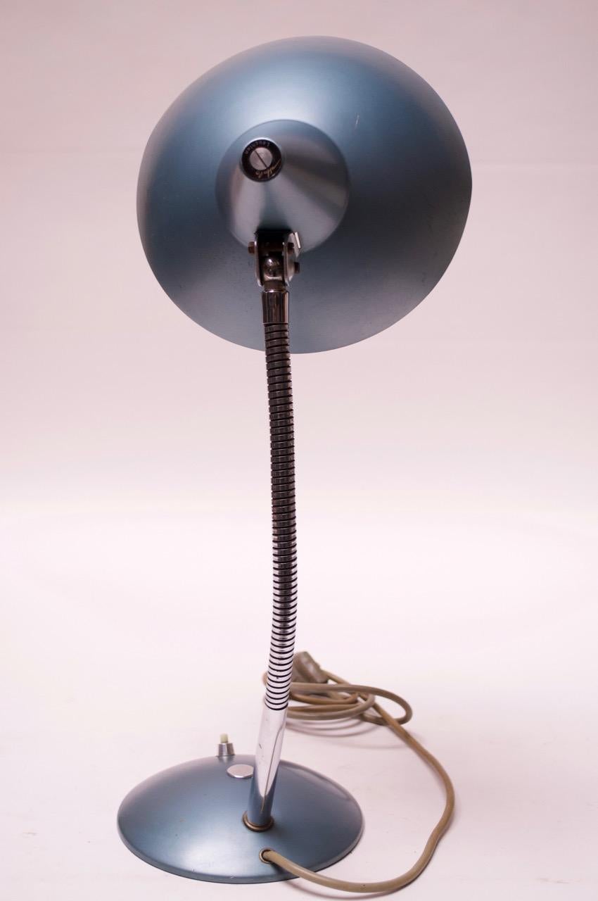 Midcentury German Gooseneck Table Lamp in Metallic Blue by Helo Leuchten For Sale 2