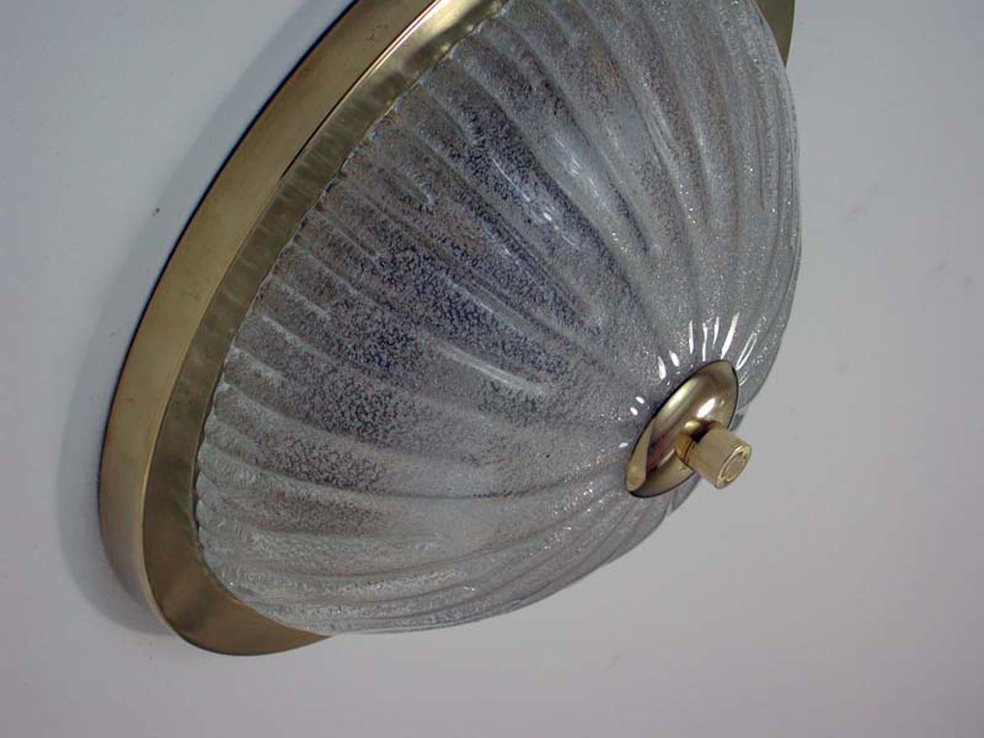 Mid-20th Century Midcentury German Ice Glass and Brass Flush Mount Wall Light Sconce, 1960s