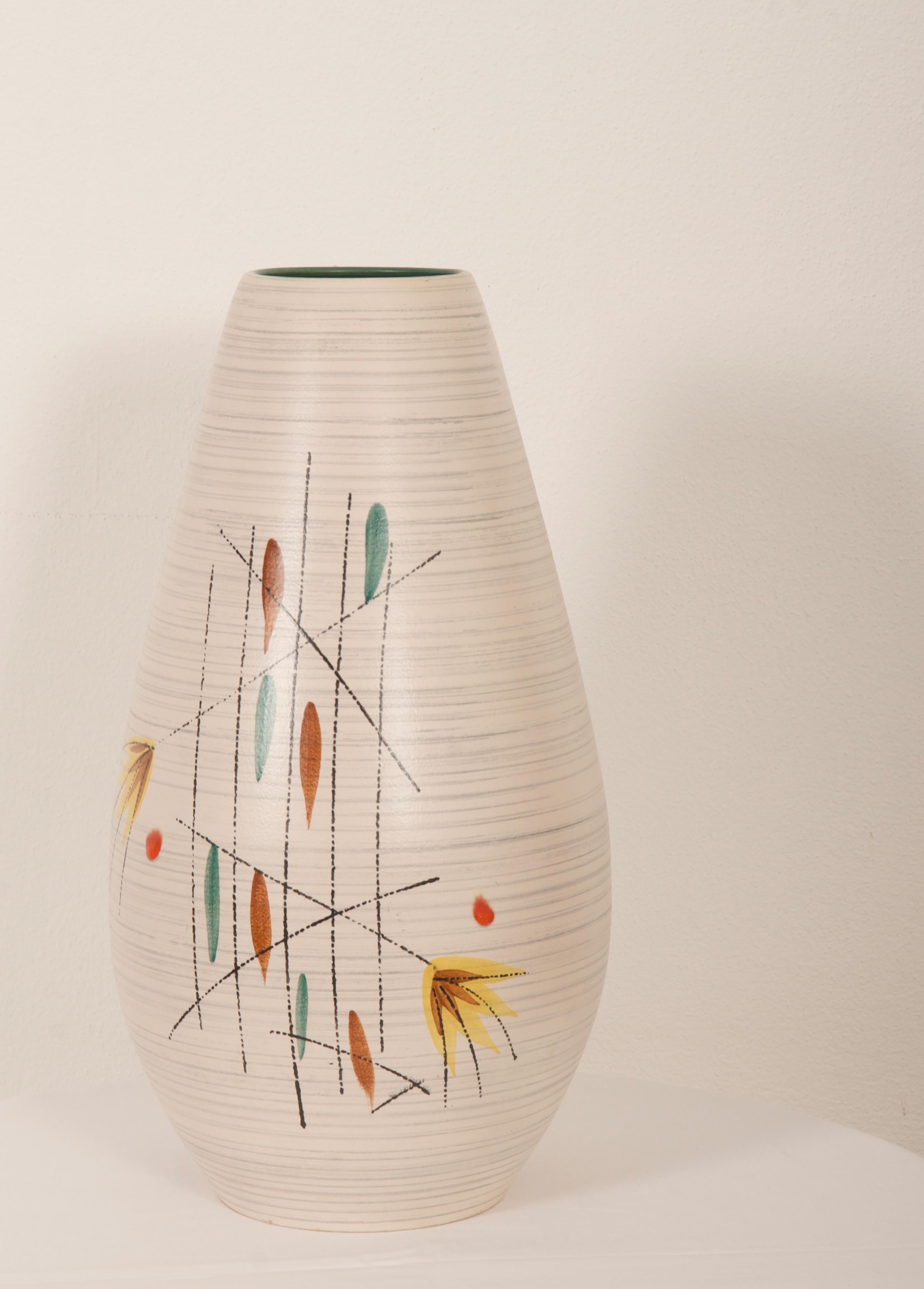 Mid-Century Modern ceramic floor vase hand painted with abstract motifs. Made in Germany in the 1960s