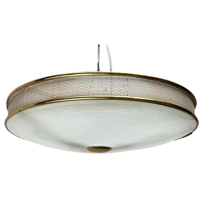 Mid-Century German Metal, Mesh and Glass Plafoniere Ceiling Lamp, 1960s For Sale