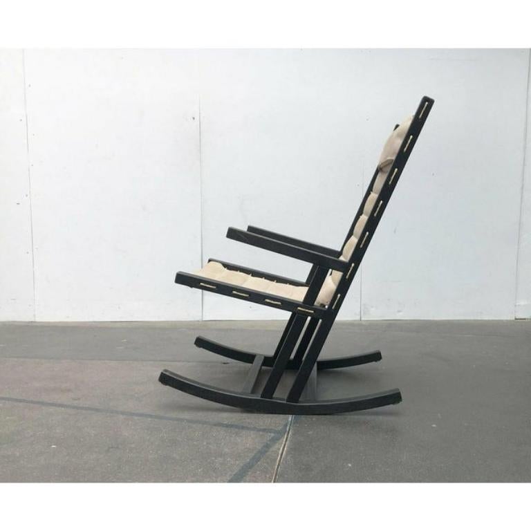 Rare Mid Century rocking chair from Casala.

A very straightforward designed design with rustic materiality. The design language is reminiscent of the Bofinger Farmer series or Scandinavian Safari Chairs. The natural colored, coarse canvas fabric of