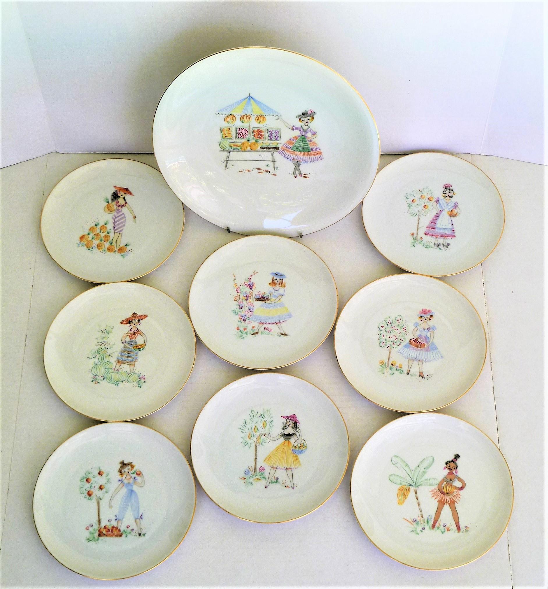 Midcentury German Porcelain Decorative Dessert Plate Set of 9 Heinrich Bavaria 9