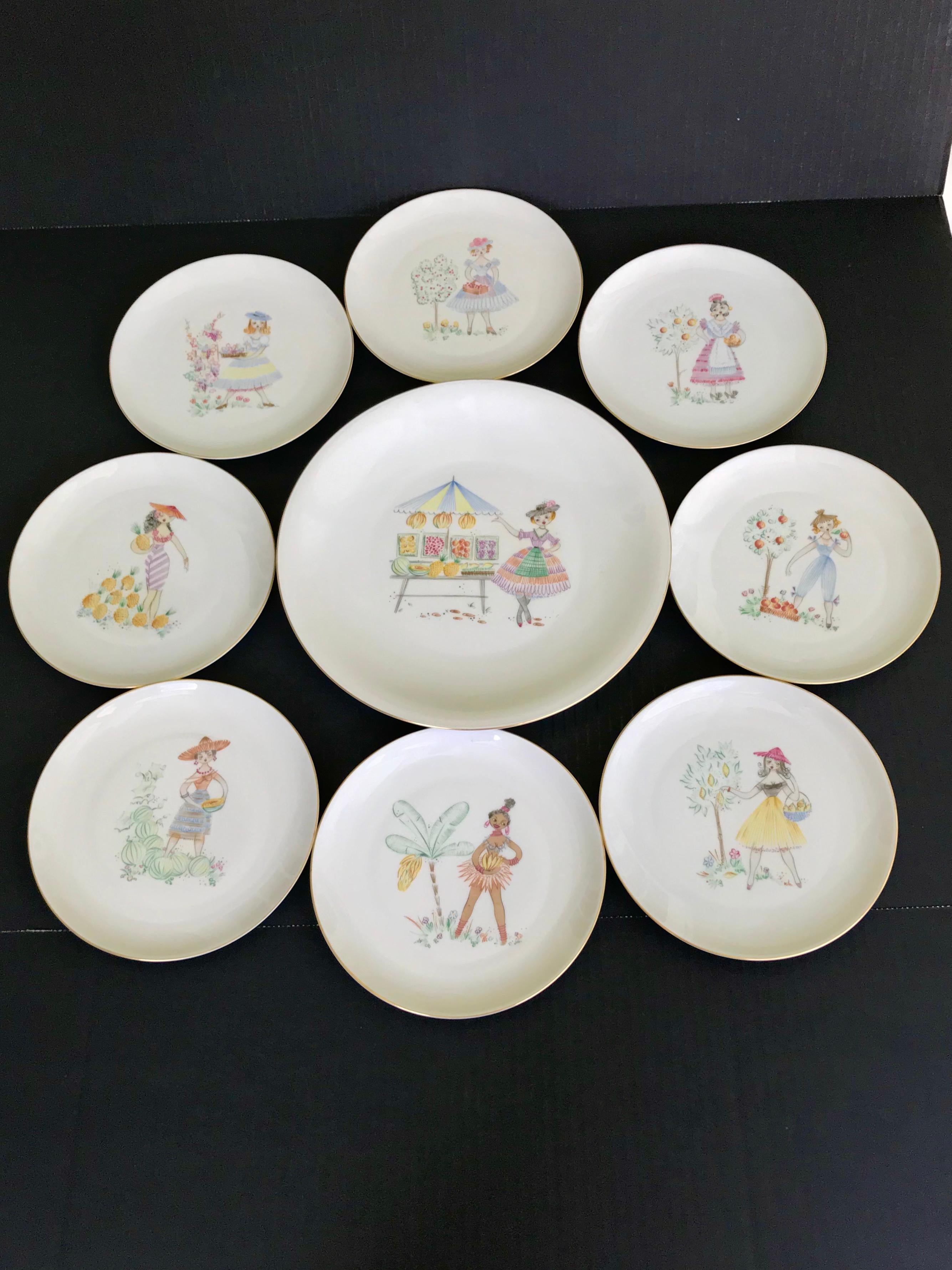 A Set of 9 decorated Porcelain Plates by Heinrich Bavaria, Germany from the 1960s. Consisting of one large serving platter and 8 dessert plates. Each white porcelain plate with a gold band on the rim depicts a young woman with typical fruit grown in