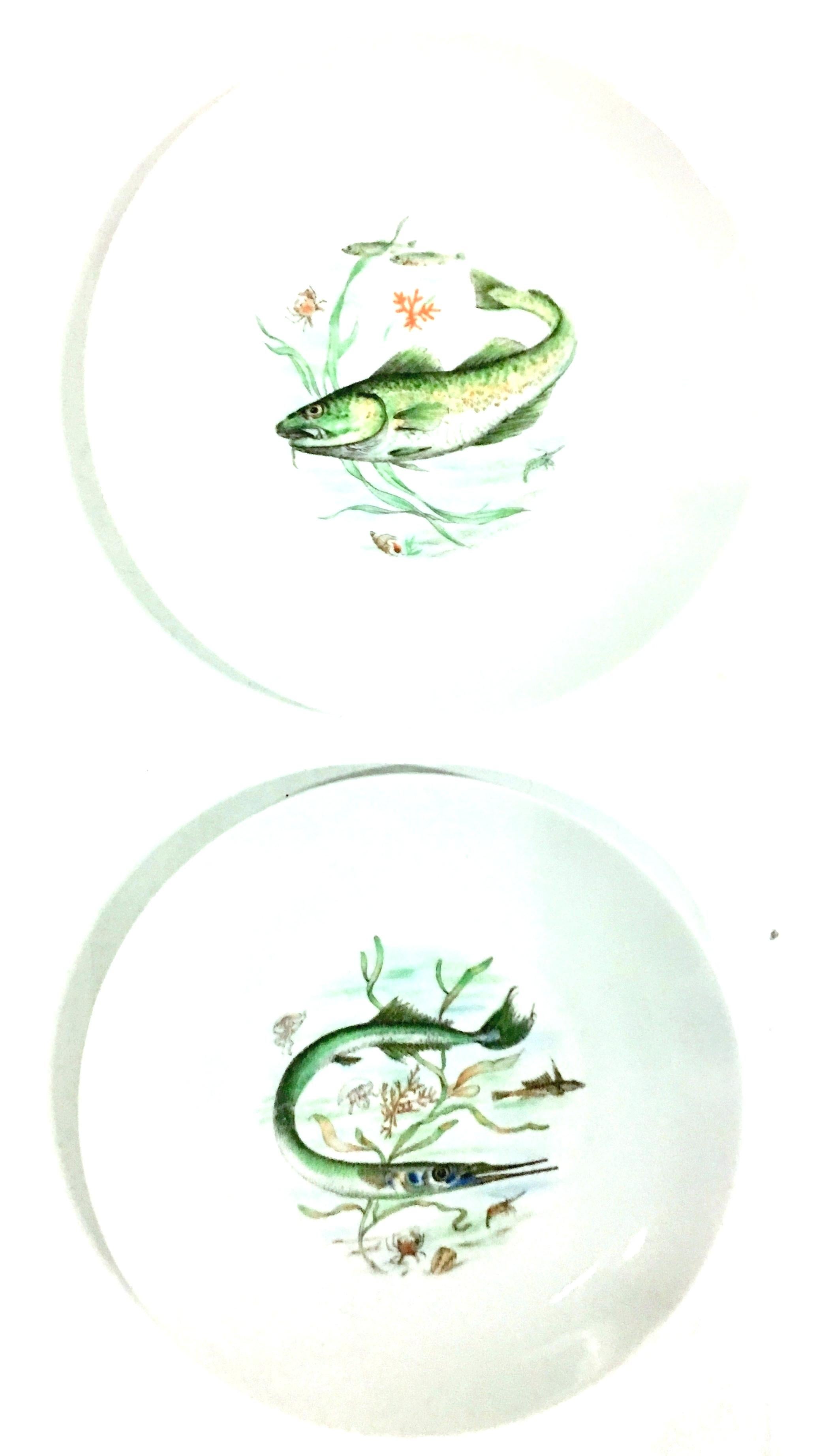 Mid-Century German Porcelain Hand-Painted Fish Service Set Of 7 By, JKW In Good Condition In West Palm Beach, FL