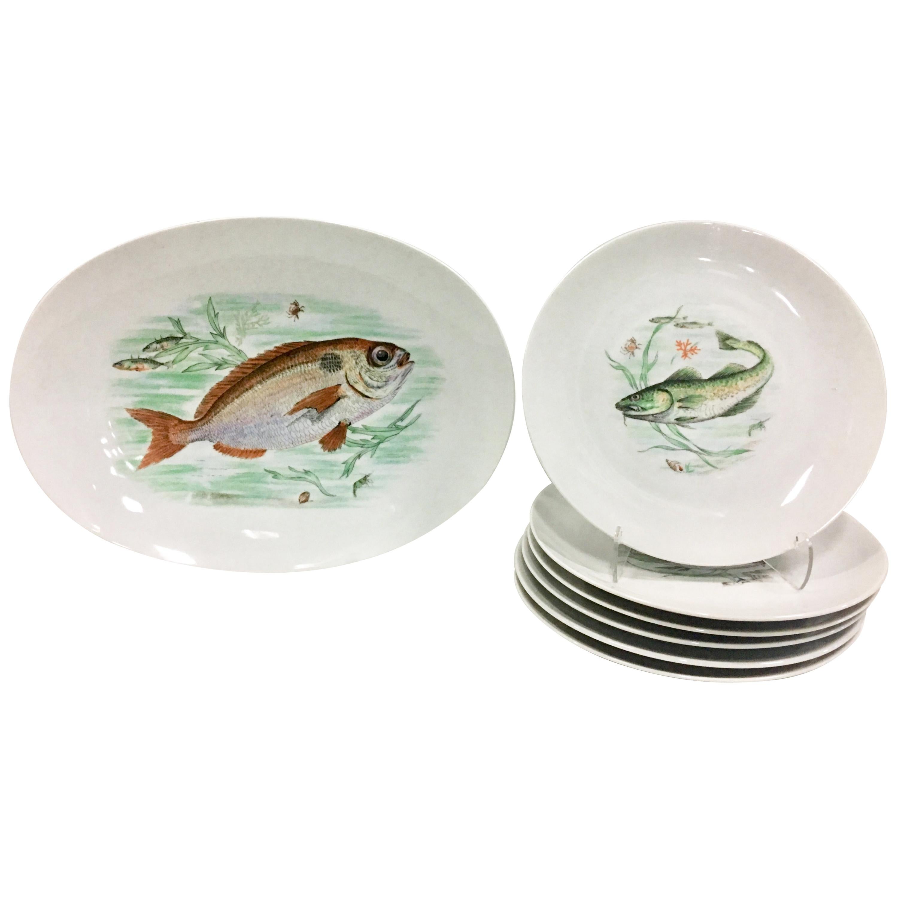 Mid-Century German Porcelain Hand-Painted Fish Service Set Of 7 By, JKW