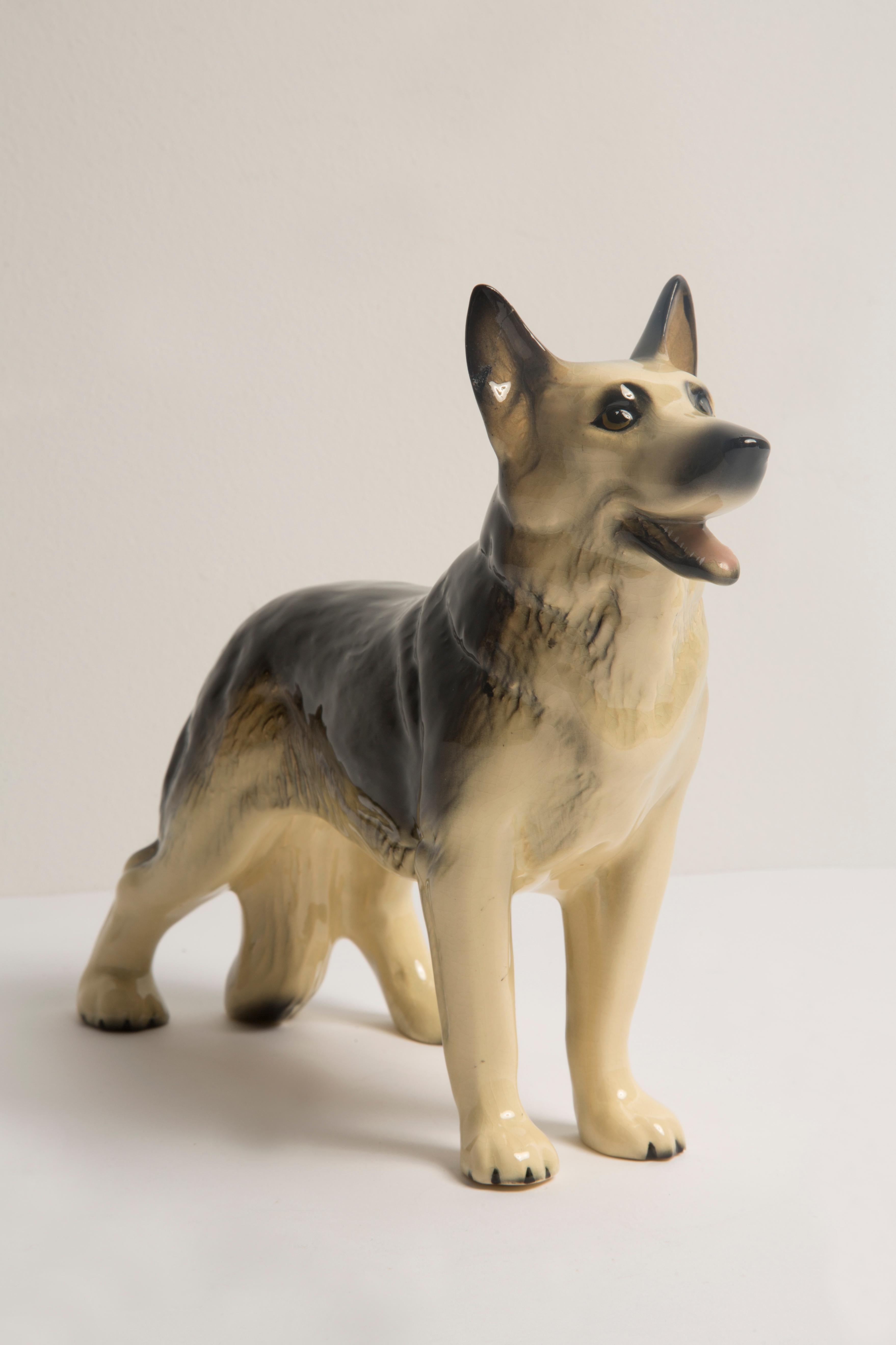 Hand-Painted Midcentury German Shepherd Ceramic Dog Sculpture, Europe, 1960s For Sale