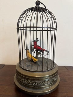 Mid-Century German Singing Bird Automaton in Brass Cage, Two Birds, Working