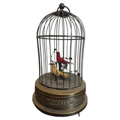 Mid-Century German Singing Bird Automaton in Brass Cage, Two Birds, Working