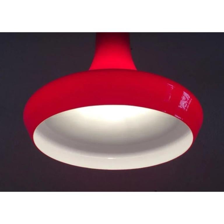 Imposantes lampes suspendues en verre de couleur rouge foncé.

La forme élégante de l'abat-jour en verre est soutenue par la couleur soutenue. Lorsqu'il est éteint, le rouge apparaît plutôt sombre. Le verre est suspendu par 3 barres qui dépassent