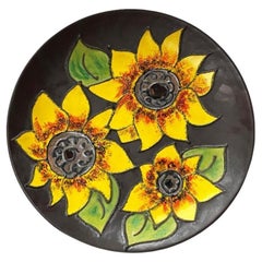 Assiette murale en poterie Studio allemande du milieu du siècle avec design de tournesol, années 1960