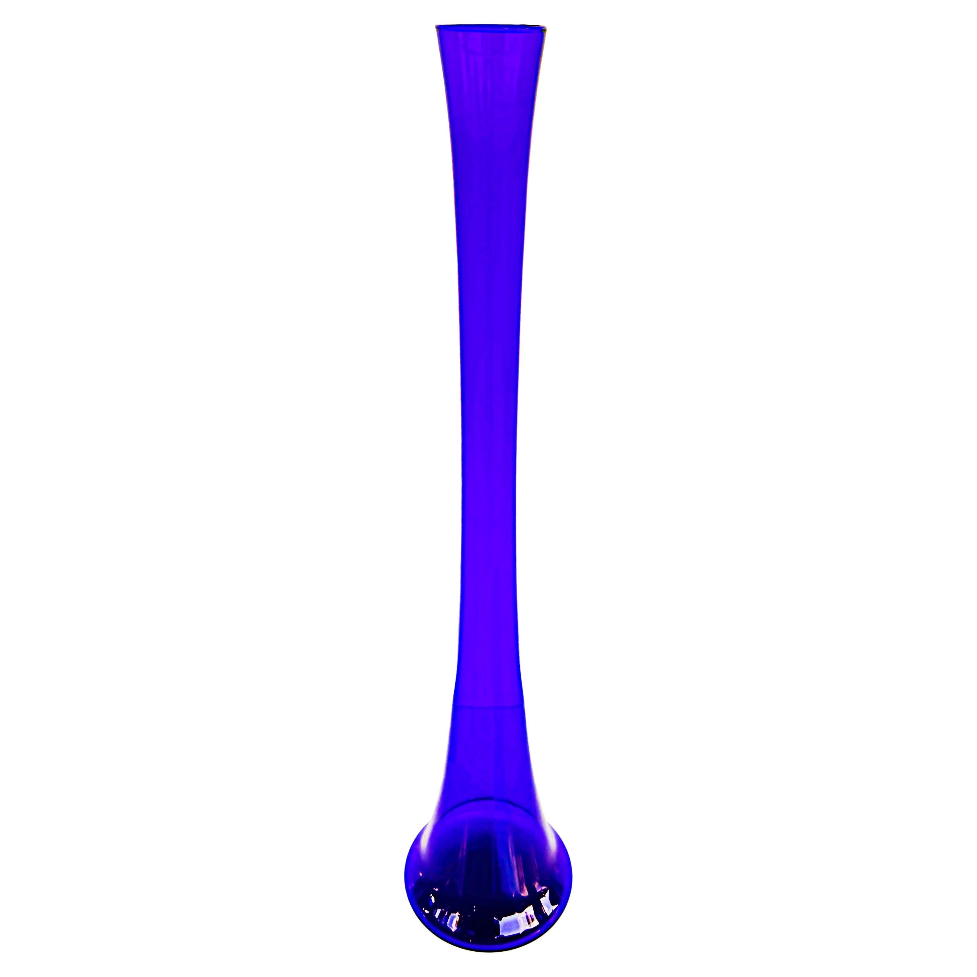 Midcentury German Tall Cobalt Blue Glass Soliflore Vase, Salco Kristallglas For Sale