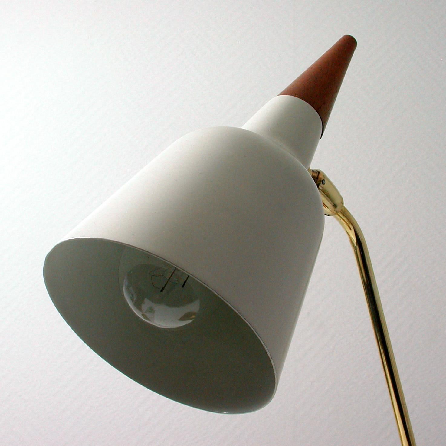 Metal Midcentury German Teak and Brass Table Desk Lamp by Kaiser Leuchten, 1950s