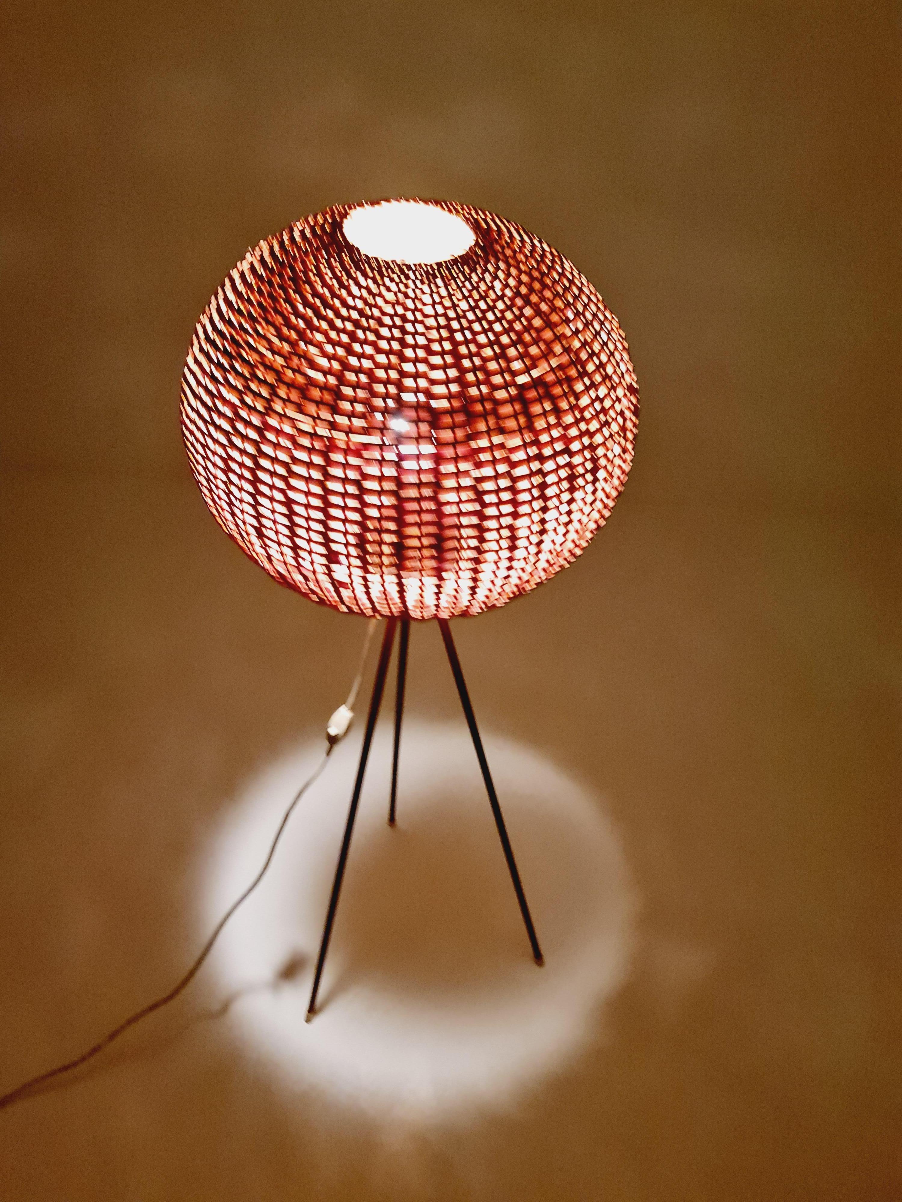 Rattan Mid century German tripod floor lamp teak wood , 1960s For Sale