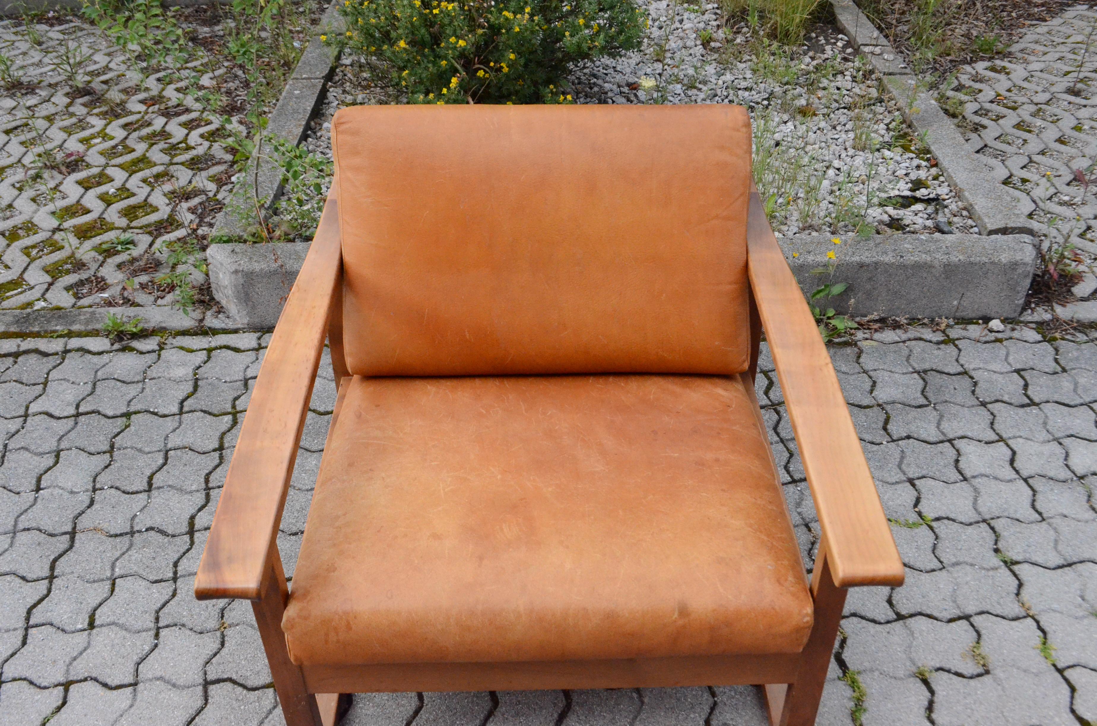 Mid Century German Vintage Cognac Leather Easy Armchair Set of 2 For Sale 8