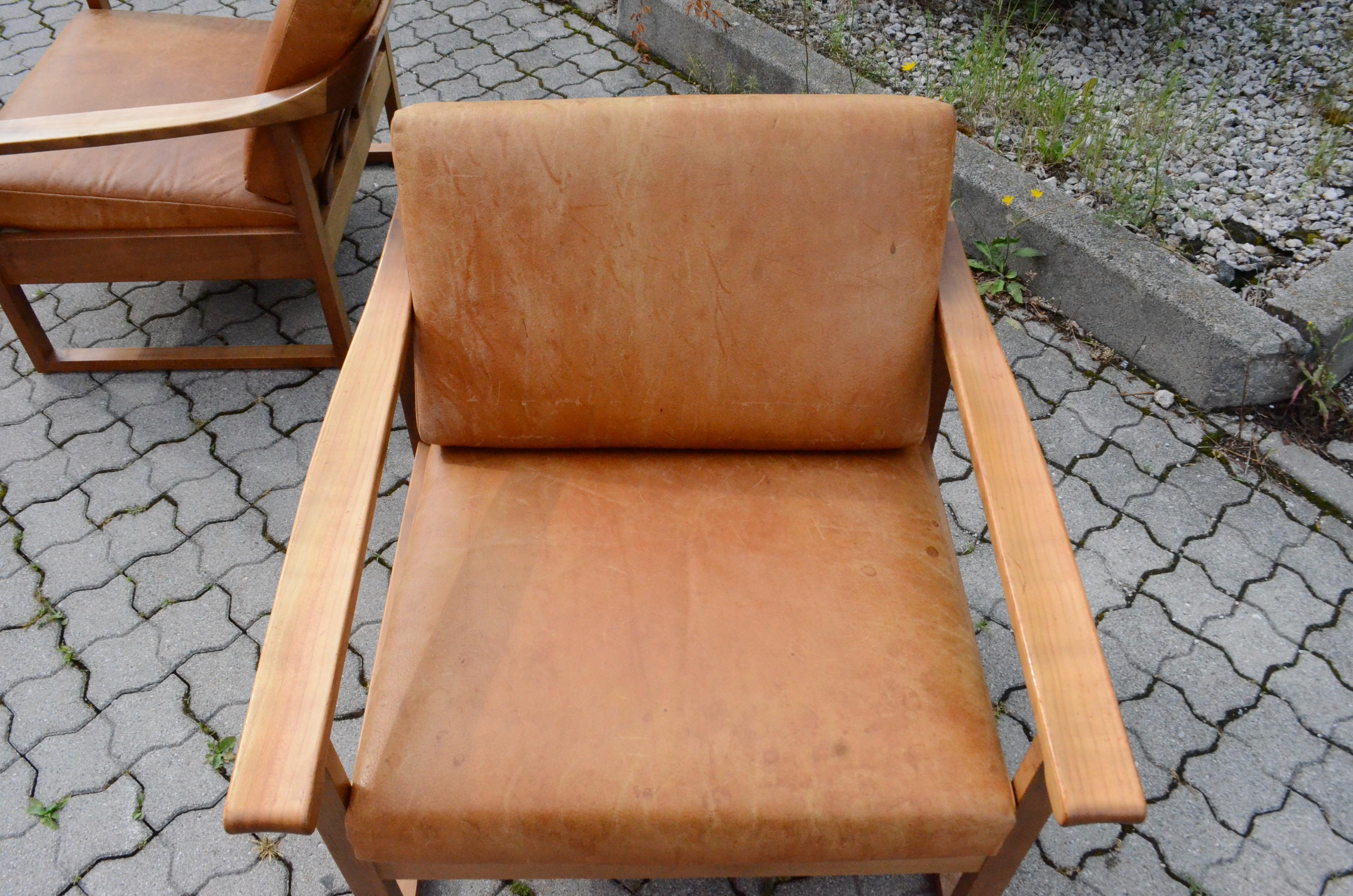 Mid Century German Vintage Cognac Leather Easy Armchair Set of 2 For Sale 9
